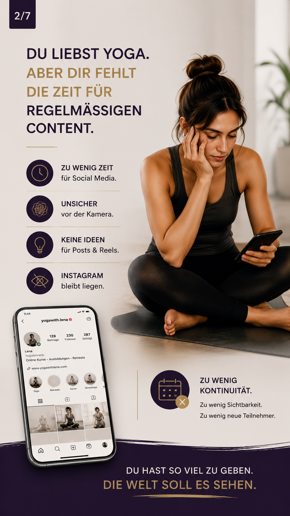 Yogalehrerin mit Smartphone und Social-Media-Problemen