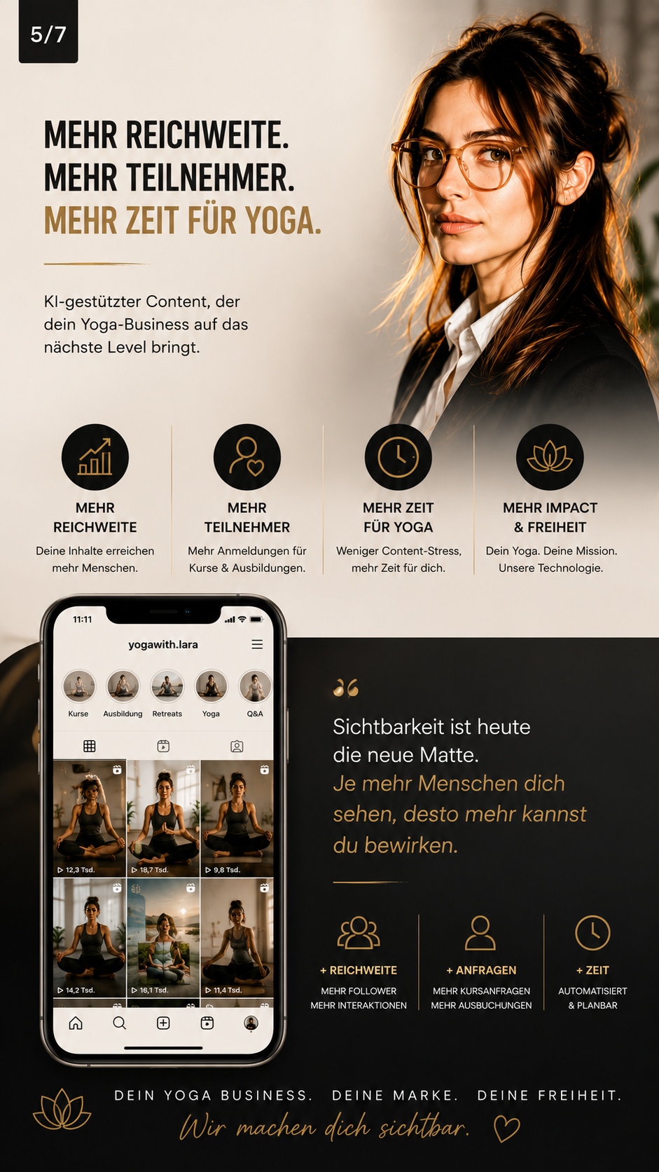 Instagram-Mockup mit Yoga-Reels und Wachstumsbotschaft